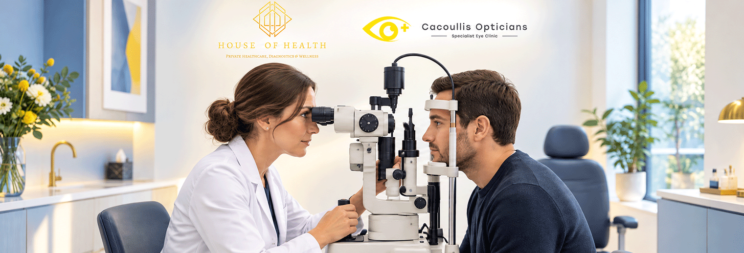 Optometrist examining a patient's eye with a slit lamp at House of Health, in partnership with Cacoullis Opticians