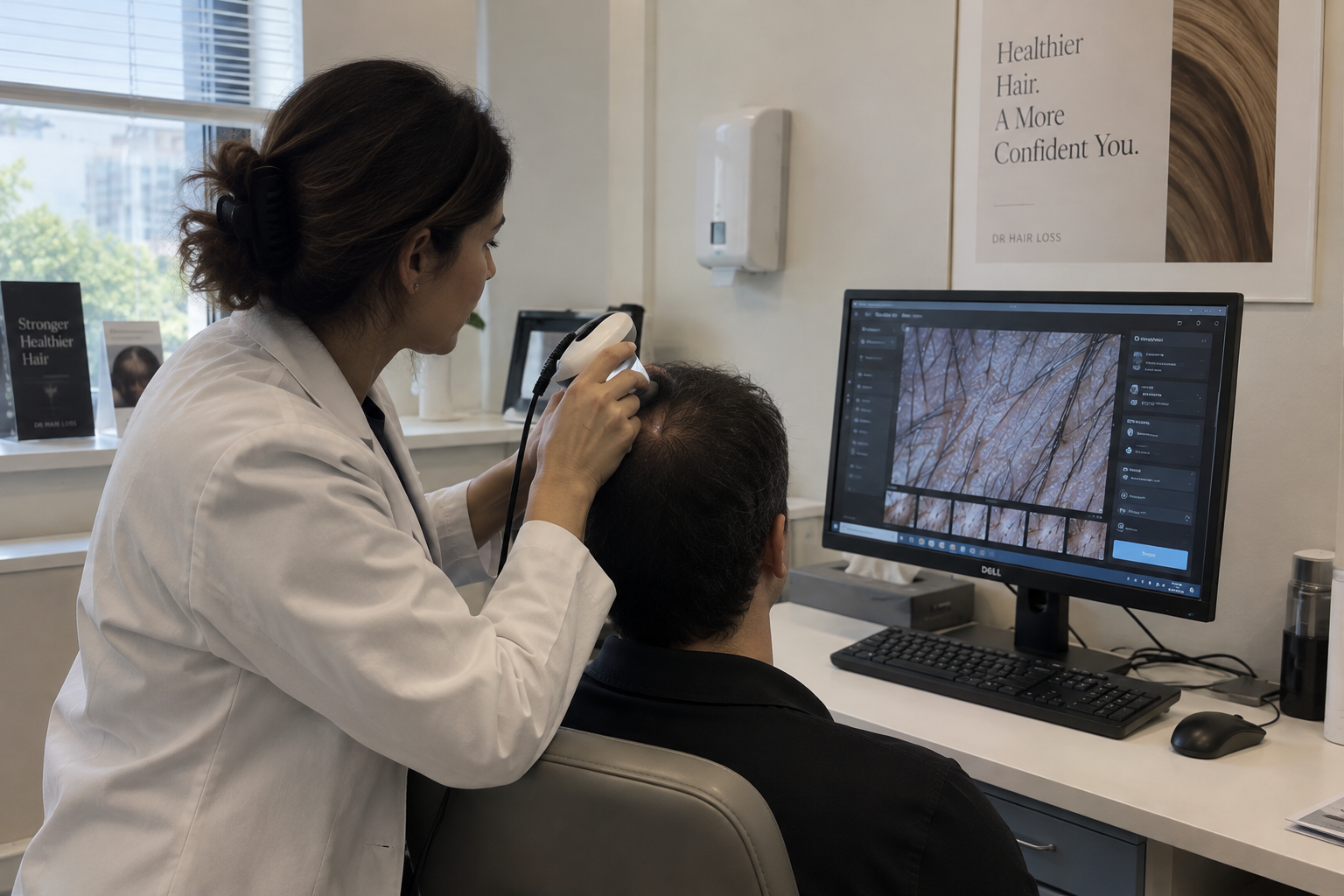 Clinician performing an AI scalp analysis scan on a patient using the Becon Pro device at Dr Hair Loss